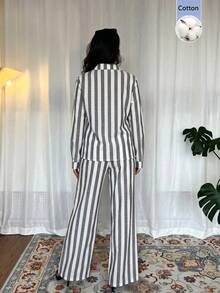 SHEIN Franclia 女款法式優雅休閒通勤返校條紋長袖兩件套 - 彩色 - 查看 2