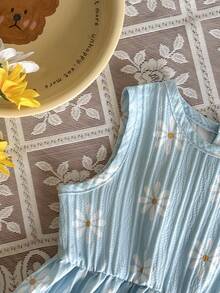 SHEIN Vintaside Kids 女嬰 3個月-3歲洋裝，1件休閒可愛日常風格秋季女童套裝，棕色蝴蝶結裝飾無袖蓬蓬洋裝 - 藍色 - 查看 4