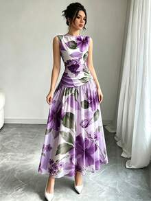 Modelyn 橘色大花卉植物圖案法式風長洋裝，女款低領無袖收腰長裙，抓皺腰部設計，淺杏色雪紡花卉洋裝，夏季度假風穿搭，優雅日常穿著 - 彩色 - 查看 6