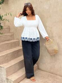 SHEIN Frenchy Plus Size Women Square Neck Pleated Burnout Embroidery Casual Versatile Daily Wear Blouse Elegant Boho Style Business Formal Party All White Autumn - White - View 4