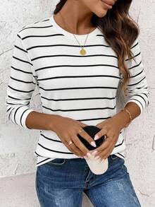 SHEIN LUNE Sudadera acanalada negra & blanca para mujer, versátil para primavera & otoño - Multicolor - Ver 7