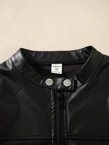 SHEIN 青少年女孩黑色修身短版拉鍊外套，街頭風嬉皮運動休閒基礎舒適長袖外套，適合秋冬穿著 - 黑色 - 查看 3