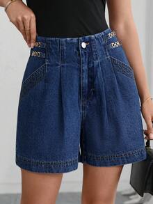 SHEIN Clasi Women's Patchwork Chain Design Pocket Casual Denim Shorts Travel Vacation Dark Blue Summer - Blue - View 3