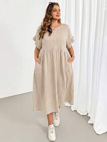 SHEIN Essnce 大尺碼夏季休閒條紋口袋洋裝 - 彩色 - 查看 5