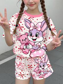 兒童青少年女孩休閒極簡可愛卡通兔子圖案甜美芭蕾風蝴蝶結印花粉色與白色短袖短褲兩件套夏季 - 彩色 - 查看 2