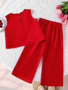 SHEIN Elladie kids 2pcs/Set Girls Toddler Fashion Cute 3D Bowknot Sleeveless Tank Top Cropped Pants Set, Versatile For Daily Wear, Vacation, Outings, Spring/Summer New - Red - View 3