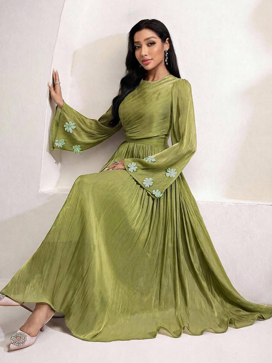 Veilorie Women's Textured 3D Floral Decor Pleated Vacation Dress - Green - View 1