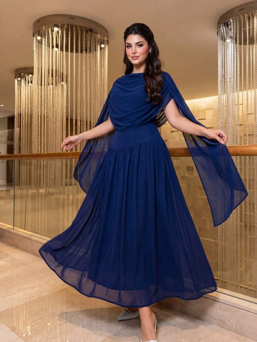 SHEIN Lady CURVE Plus Size Elegant Party Solid Color Ruched Dress Summer - Blue - View 1