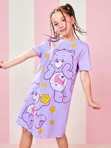 SHEIN X Care Bears 青少年女孩卡通爱心和熊星印花紫色休闲舒适甜美短袖连衣裙家居服 - 紫色 - 查看 1