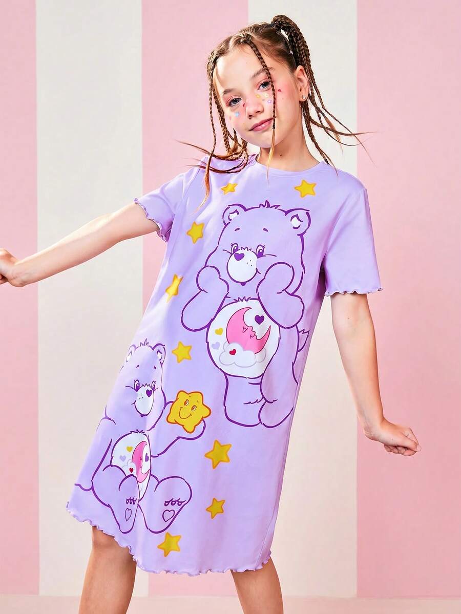 SHEIN X Care Bears 青少年女孩卡通爱心和熊星印花紫色休闲舒适甜美短袖连衣裙家居服 - 紫色 - 查看 1