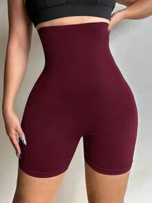 SHEIN Essnce 大码镂空服装感恩节女装秋季女士短裤休闲高弹力收腹短裤提臀美化身体曲线修身短裤 - 酒紅色 - 查看 5