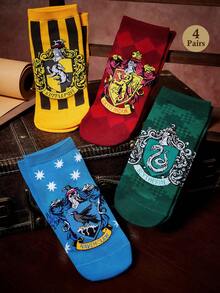 HARRY POTTER X SHEIN 4 Pasang Kaos Kaki Motif Garis-Garis Rumah, untuk Kembali ke Sekolah - pencampuran warna - View 2