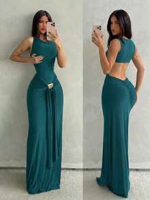 Aloruh Vestido de sirena ajustado sin mangas color marrón para mujer, nuevo para vacaciones de primavera/verano, adecuado para la calle, uso diario y desplazamientos - Agua verde azul - Ver 1