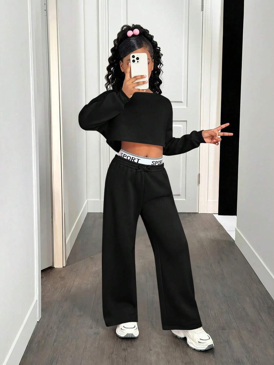 SHEIN Tween Girl Casual Loose Kids Drop Shoulder Sweatshirt With Letter Sweatpants Long Autumn Pants Set, Suitable For Daily Wear, Outings And School - Black - View 1