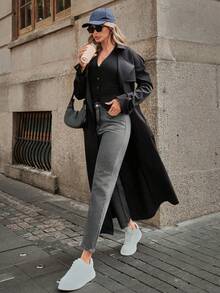 SHEIN ICON 女款休閒百搭牛仔Mom牛仔褲，附口袋 - 灰色 - 查看 4