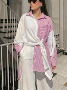 Solavon New Design Mixed Material Striped Loose Lazy Style Modest Shirt Office Pink And White Striped Autumn - Pink - View 3