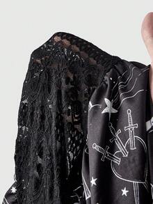 ROMWE Goth 女款夏季哥德風月亮太陽臉星星愛心劍貓咪星座印花蕾絲拼接深V領露肩高開衩洋裝上衣舞會禮服 - 黑色 - 查看 7