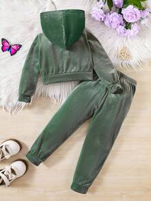 SHEIN Elladie kids 女小童蝴蝶貼布扭結下擺連帽衫和運動褲 - 綠色 - 查看 2