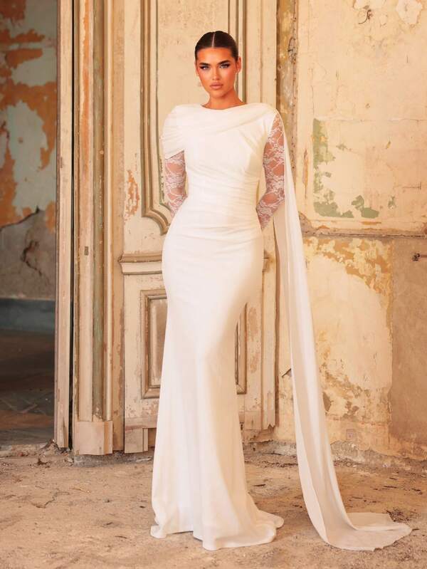 Aureia Elegant Classical Round Neck Multi-Style Combination Asymmetrical Shoulder Sheer Long Sleeve Chiffon Drape Waist Asymmetrical Pleat Body-Flattering Bodycon Train Long Dress Hem, Suitable For Holiday Celebration Wedding Multiple Occasions Women's Bridal Gown. Ball, Concert, Business Guest Banquet Internet Celebrity Banquet Dress, Evening Gown, Long Robe Dress, Guest Banquet Dress.