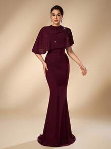Aureia 2026 Nuovo Elegante Abito Lungo Rosso Angola Romantico in Rete Lussuoso con Decorazioni di Perline e Diamanti Arricciati Vestibilità Slim Bodycon per Donne Matrimoni Eventi Tutte le Occasioni Formali Sposa Madre Abito da Sera - Bordò - Visualizzare 7