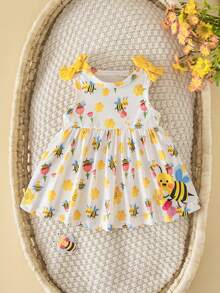 SHEIN Newborn Baby Girl Summer Cute Pattern Sleeveless Dress - Mustard Yellow - View 5
