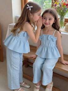 Souflis Souflis Young Girls Summer Cute Fresh 2 Pieces Set, 3D Bow Dress-Style Camisole Top + Loose Straight Wide Leg Pants, Suitable For Daily Wear, Travel, Vacation, Party, Gathering - Blue - View 1