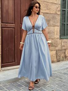 Vionelle Plus Size Women's Baby Blue Deep V-Neck Contrast Trim Short Sleeve High Waist Casual Sexy Dress Beach Vacation Vacation Summer - Blue - View 9