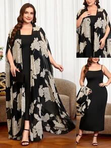 Reflora Plus Size Elegant Party Floral Print Robe 2pcs Set - Black - View 10