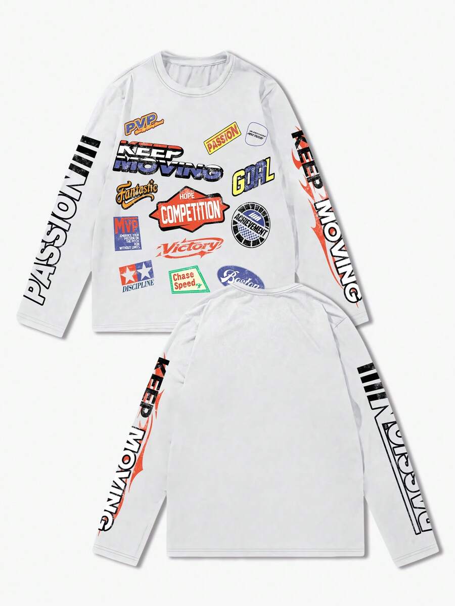 ROMWE MEN Street Life Men's Letter Print Long Sleeve T-Shirt, Suitable For Daily Wear In Spring And Summer - White - View 1