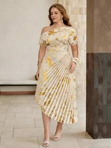 Roveilla Damen-Sommerkleid in Große Größen, elegant und raffiniert, mit asymmetrischer Schulter, Goldfolien-Plissee, Champagner-Gold, metallischem Glanz, asymmetrischem Ausschnitt, 2026 Sommerkleid, neues Kleid - Aprikosenfarben - Übersicht 4