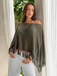 Firerie Women's Casual Tropical Solid Color Tassel Hem Top For Vacation Beach Vacation Olive Green Autumn - Apricot - View 10