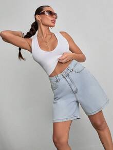 Women's Casual Everyday Pocketed Button Denim Shorts - Light Wash - View 5