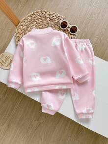 Cozy Pixies Conjunto de 2 piezas de sudadera para niña bebé con estampado de corazón rosa suave, nuevo para otoño/invierno, estilo formal casual versátil para uso diario y salidas, adecuado para cualquier ocasión, conjunto para hermanas, a juego con padres, lindo conjunto para niñas - Rosa - Ver 5