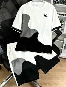 SHEIN 男童夏季兩件套－對比波浪印花短袖T恤＋短褲，黑白配色，適合休閒與運動穿著 - 彩色 - 查看 3