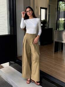 Solavon 卡其色直筒緞帶休閒優雅極簡女款長褲，適合日常通勤與居家穿著，四季皆宜 - 卡其色 - 查看 3