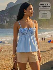 CAJUNI Women's Vacation Casual Tropical Fashion Embroidered Shell Camisole Tank Top Beach Light Blue Summer - Blue - View 1