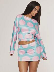 MUSERA Blue Pink Polka Dot Jersey Batwing Cinched Waist Longsleeve Top - Multicolor - View 5