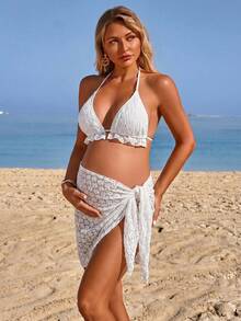 SHEIN Maternity Solid Color Beach Family Vacation Swimwear Set Summer - White - View 5