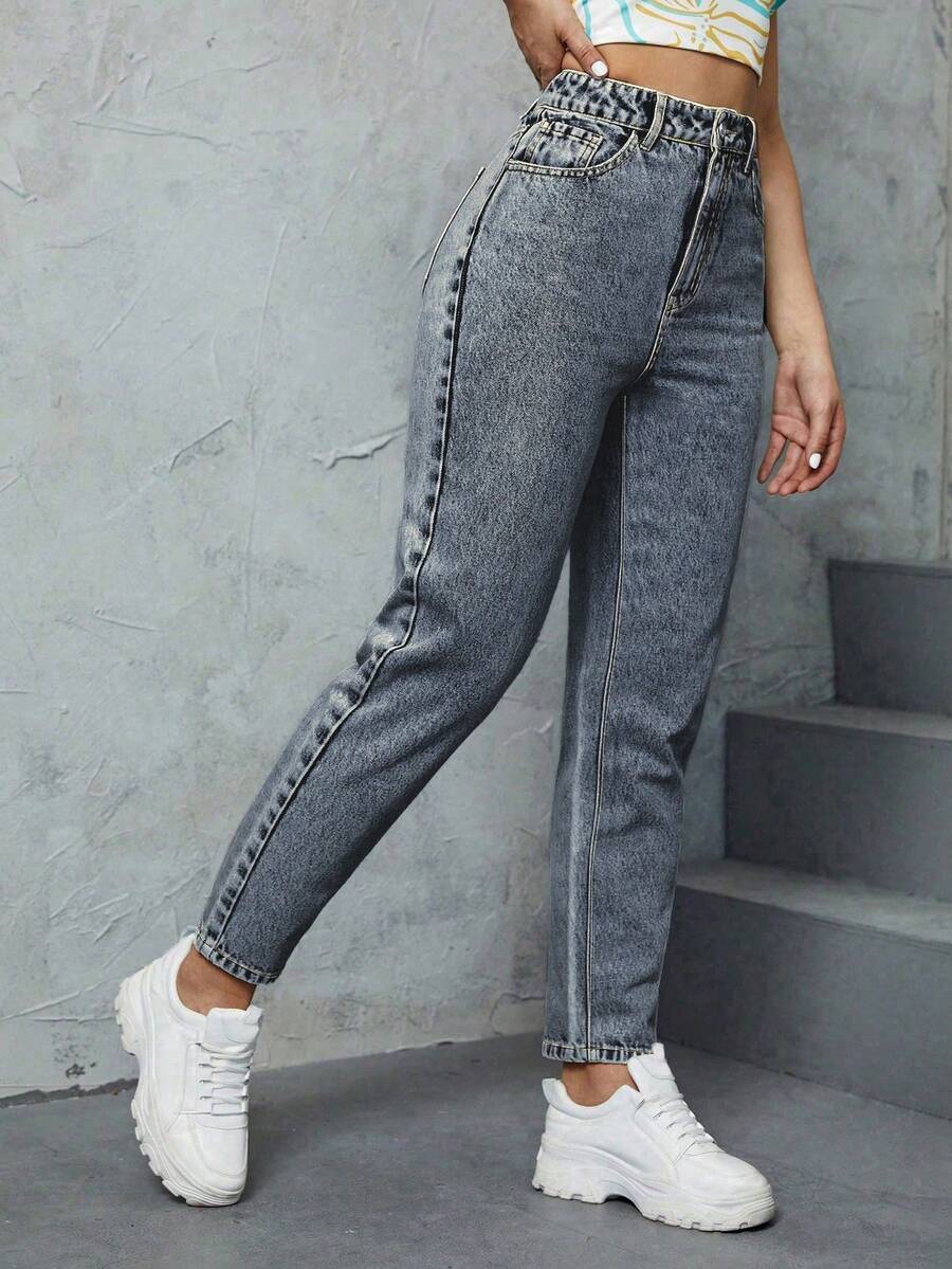 SHEIN ICON Casual Daily Washed Tapered Jeans - Dusty Blue - View 1