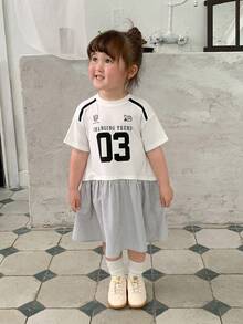 Dazy Kids 嬰兒/幼兒（女童）圓領條紋拼接短袖英文印花洋裝 - 灰色 - 查看 3