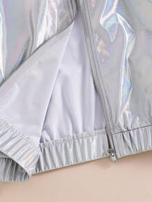SHEIN Young Girls YoungGirl 休閒梭織純色長袖短版夾克，日常穿著 Y2K 女孩金屬感夾克，Y2K 銀色夾克返校秋季款 - 銀色 - 查看 13