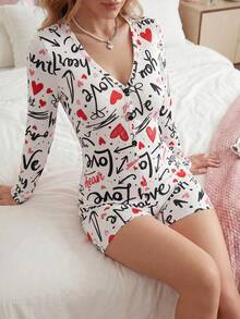 SweetSlumber Women Heart & English Text Long Sleeve Romper, Fall, Winter - Multicolor - View 6