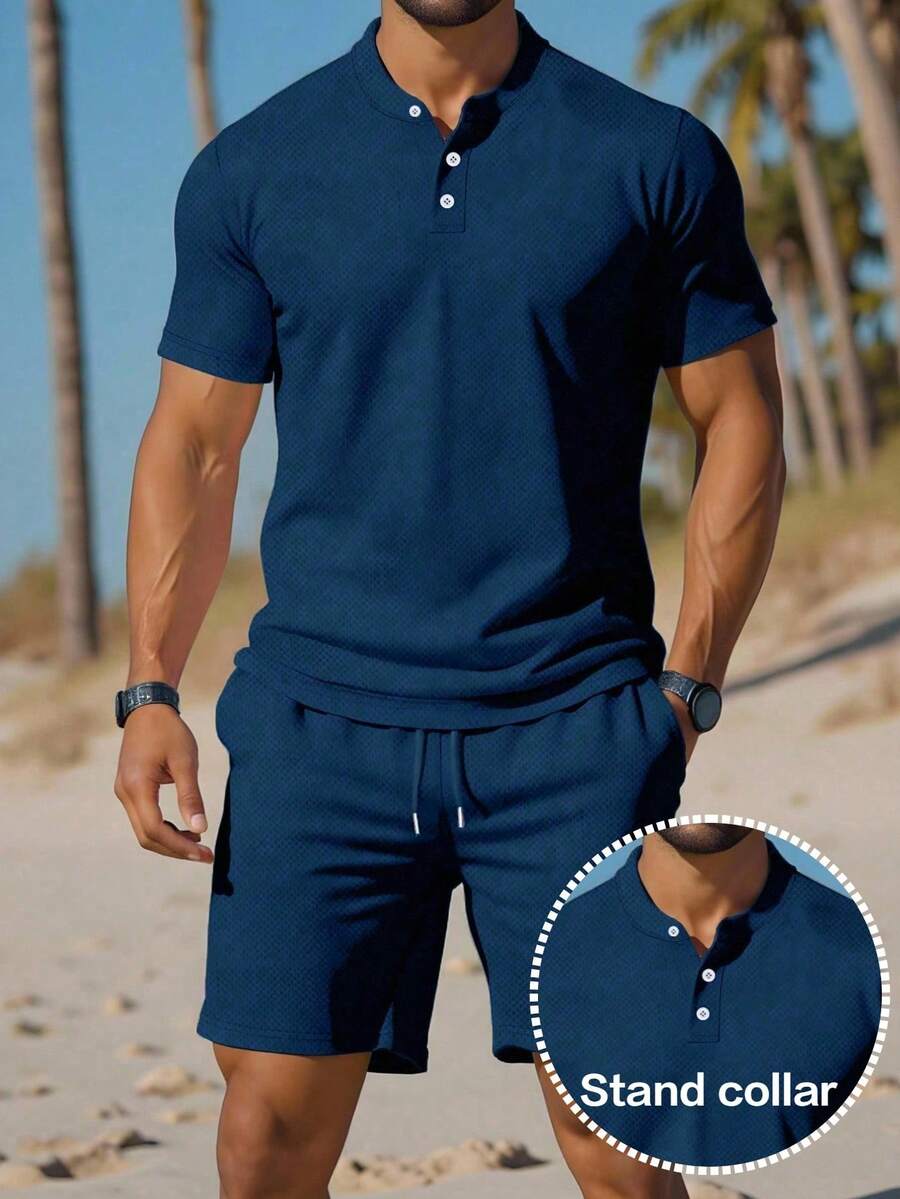 Manfinity Dauomo Setelan Kasual Pria: Kemeja Polo Lengan Pendek Warna Polos dan Celana Pendek - Navy Blue - View 1
