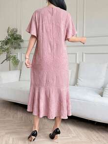 DAZY Spring Summer Round Neck Short Sleeve Pink Jacquard Floral Pattern Loose Fit Mid-Length Dress For Women - Pink - View 2