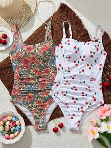 SHEIN Traje de baño de una pieza con estampado de cerezas y dos colores, conjunto de varias piezas para vacaciones de mujer - Multicolor - Ver 1