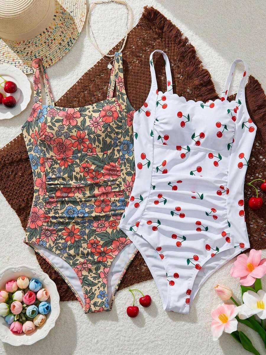 SHEIN Traje de baño de una pieza con estampado de cerezas y dos colores, conjunto de varias piezas para vacaciones de mujer - Multicolor - Ver 1