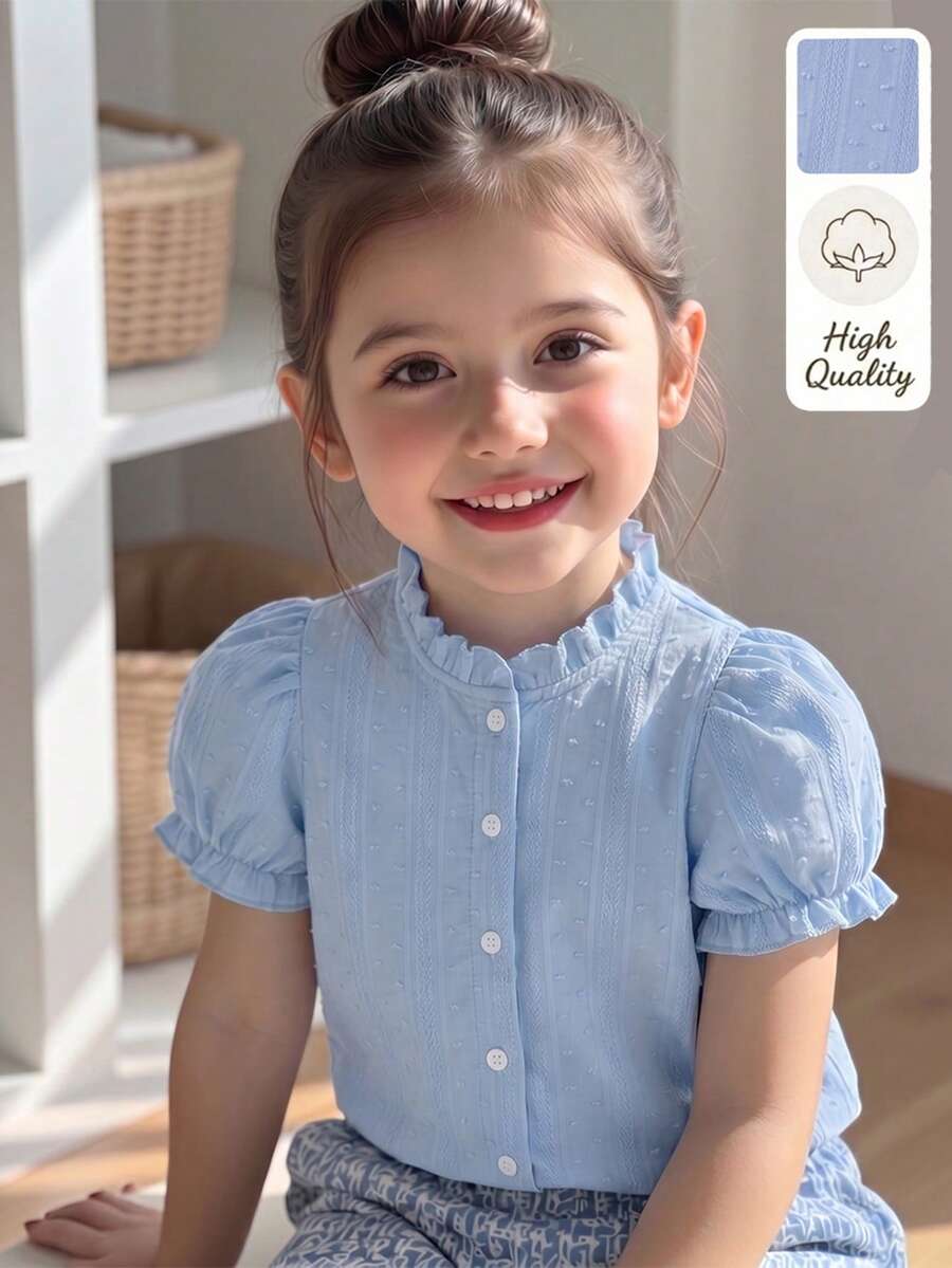 SHEIN Elladie kids 女童休閒短袖棉質提花布料，柔軟蓬鬆，新時尚，度假與旅行必備，適合外出、休閒穿著與派對 - 藍色 - 查看 1