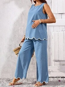SHEIN Maternity Curved Hem Sleeveless Top And Pants Casual Denim Two Pieces Set Vacation Business Elegant Festival Party Beach Work Baby Blue Summer - Blue - View 6