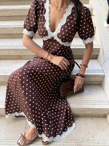 Pariaura Vestido de satén con lunares marrones de estilo retro francés, vestido midi con cuello en V y cintura ceñida para mujer, vestido de té con elegante estilo de resort, vestido de lunares marrones, vestido de lunares para mujer, vestido de lunares elegante - Marrón - Ver 3