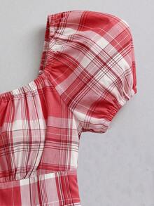 SHEIN Unity 女款春夏法式風粉色格紋花瓣袖小V領襯衫 - 彩色 - 查看 5
